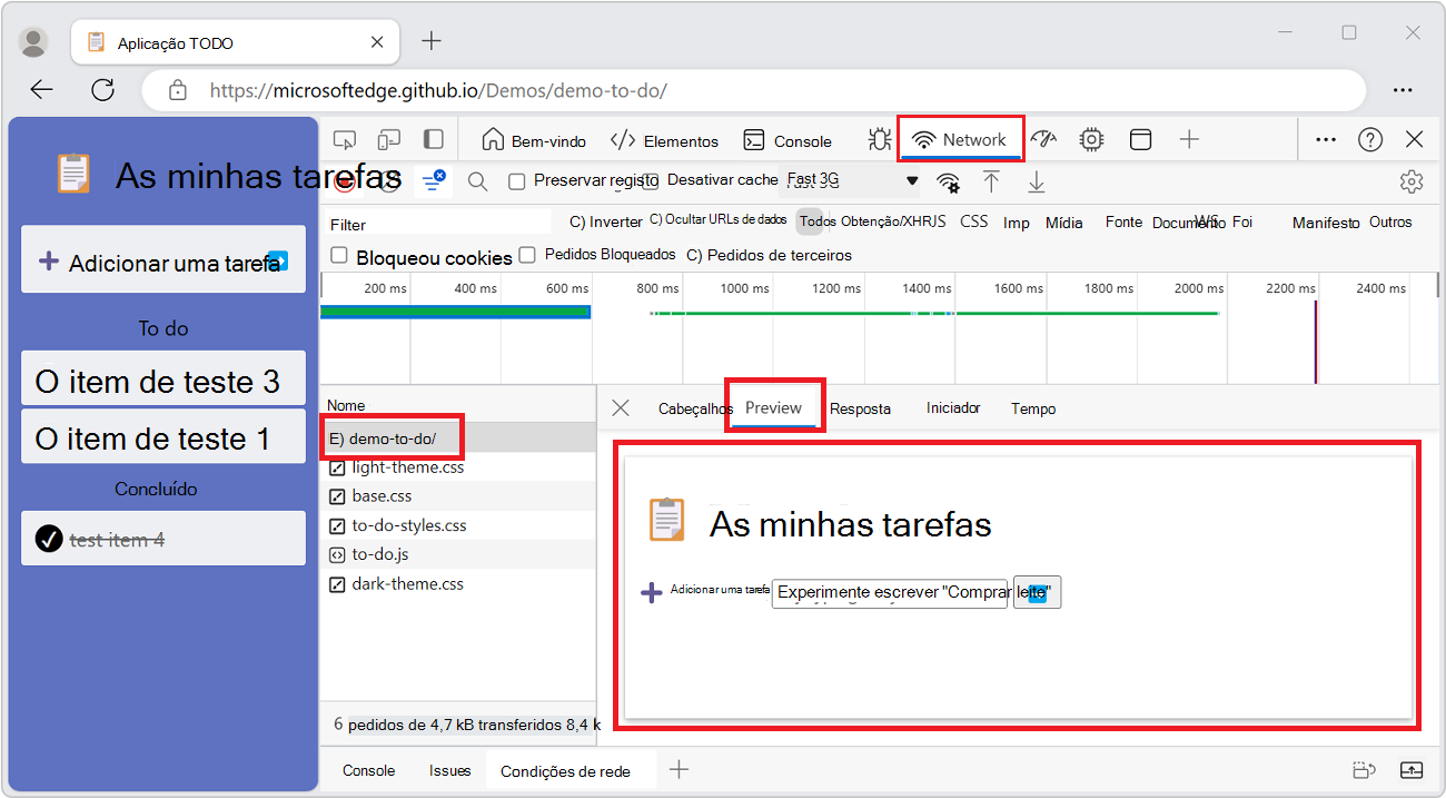 O separador Pré-visualização na ferramenta Rede