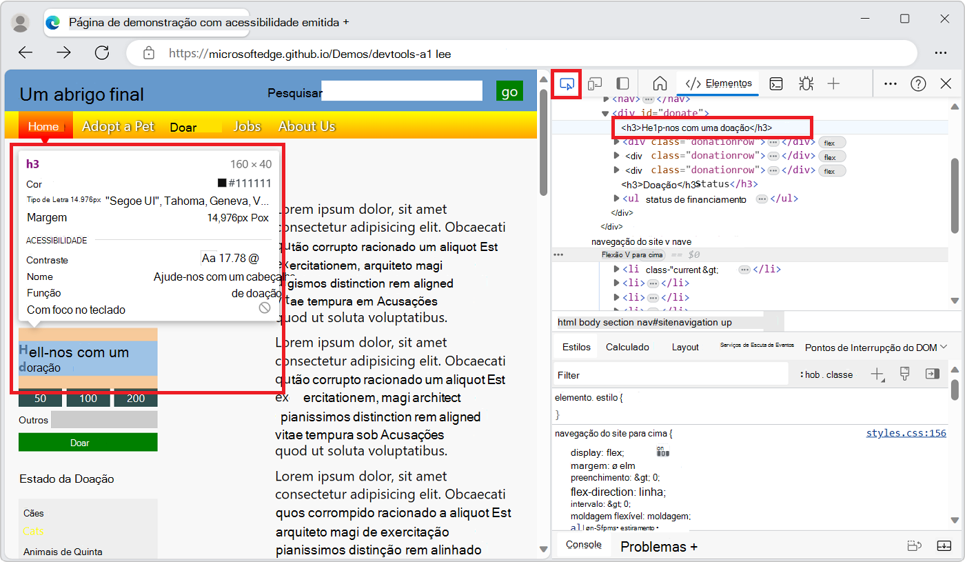 A ferramenta Inspecionar ao pairar o cursor do rato com o primeiro título deste artigo