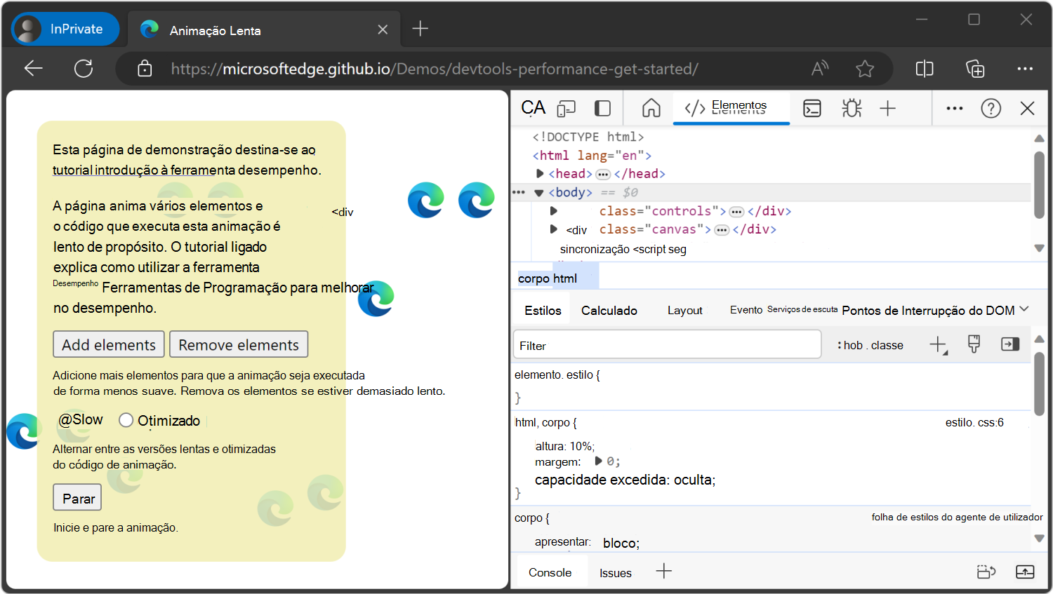 A demonstração à esquerda e DevTools à direita