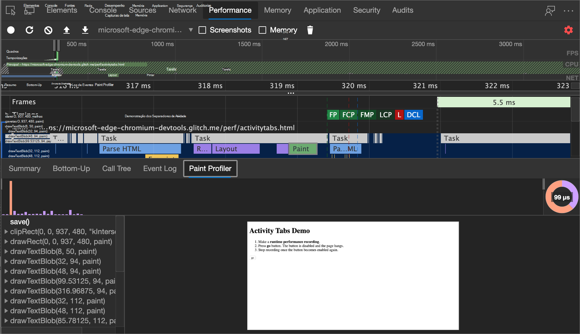 O separador Paint Profiler