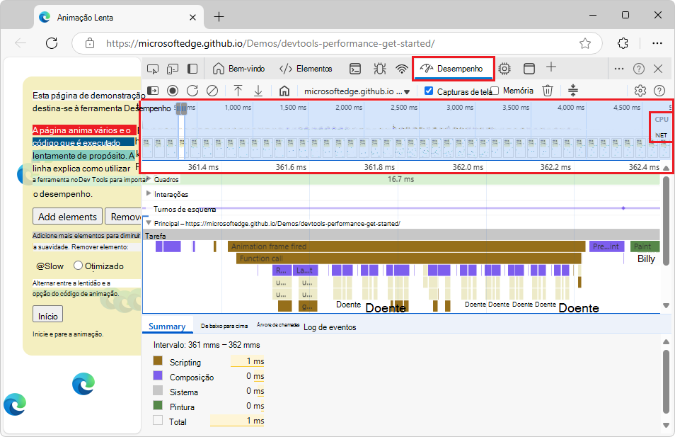 A Descrição geral da Linha Cronológica na barra de ação