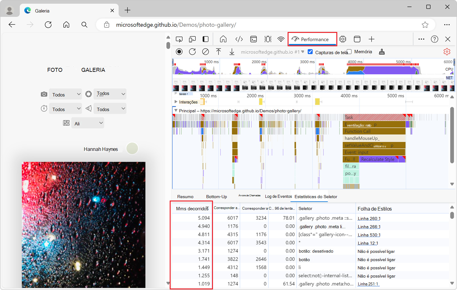 A tabela Estatísticas do Seletor com os seletores CSS ordenados por tempo decorrido, por ordem descendente