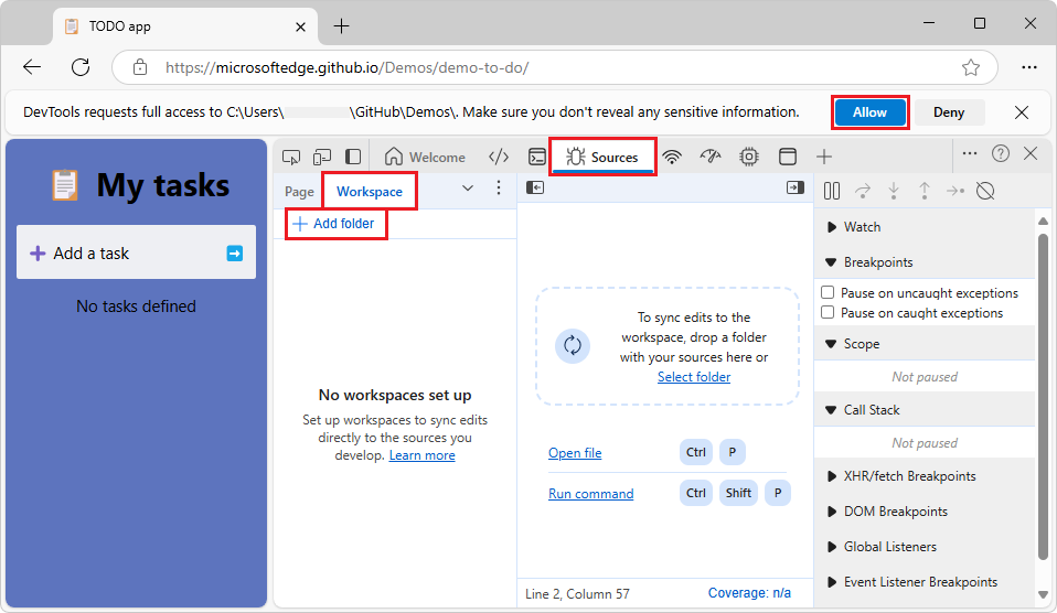 DevTools pede acesso para adicionar uma pasta à Área de Trabalho