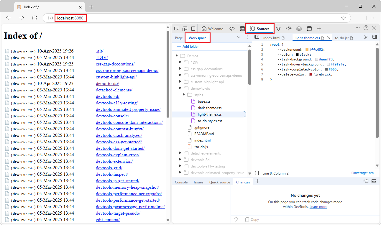 O servidor foi iniciado a partir do diretório /demos/ em vez de um subdiretório de demonstração específico