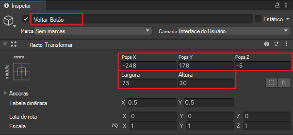 Propriedades atualizadas do Botão Anterior no Inspetor do Unity