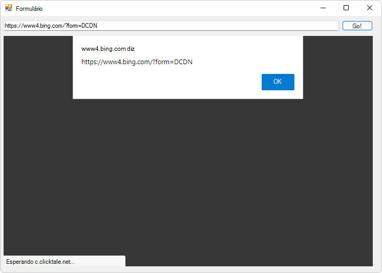 O URL da Barra de endereço atualizado é apresentado inicialmente numa caixa de alerta