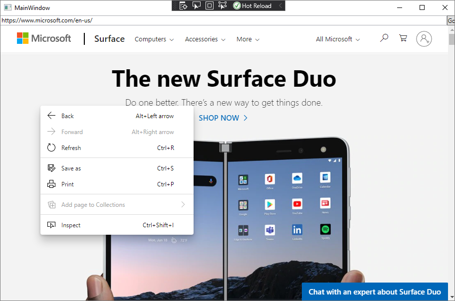 O menu de contexto a mostrar os comandos predefinidos