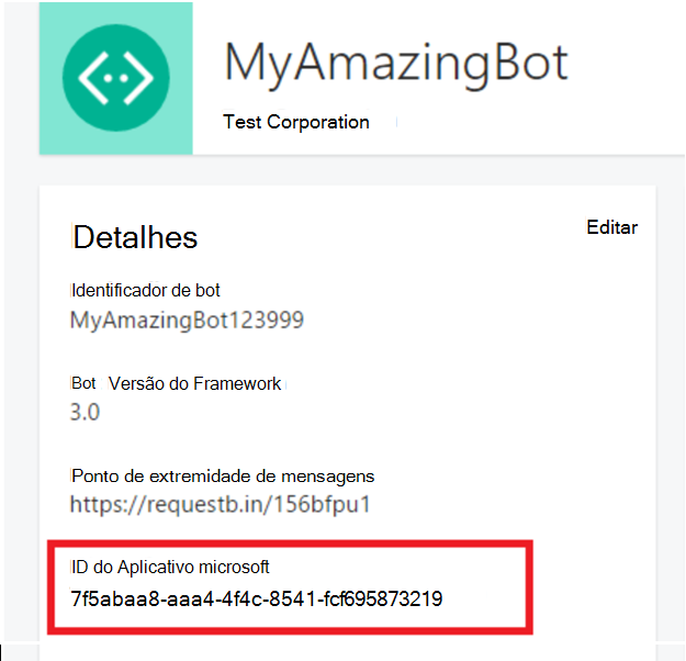 Captura de ecrã a mostrar o ID da Aplicação Microsoft na página de detalhes.