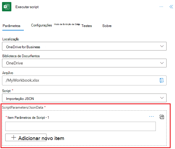 Um conector do Excel Online (Business) a mostrar uma ação Executar script com o parâmetro jsonData.
