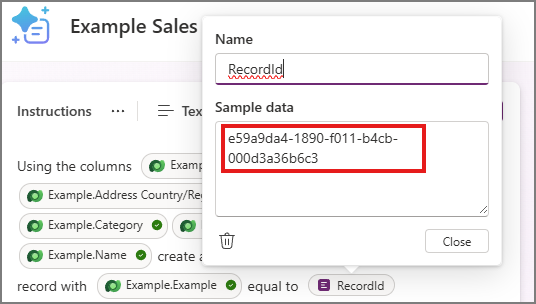 Setting sample data for the recordid parameter