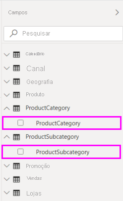 Captura de ecrã de Colunas na lista de Campos.