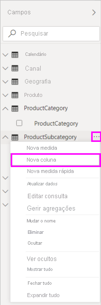 Captura de ecrã da Nova Coluna no menu pendente.
