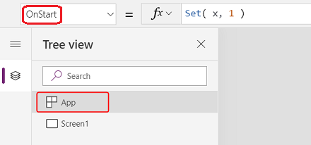 Captura de ecrã do objeto App selecionado no painel Vista em árvore. O painel de propriedades está visível.