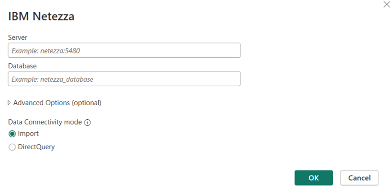 Captura de ecrã da caixa de diálogo Netezza com um nome de servidor inserido e o modo de conectividade de dados 