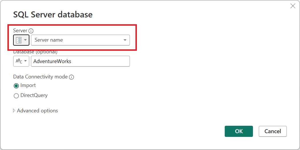 Captura de tela da caixa de diálogo do banco de dados do SQL Server com um conjunto de parâmetros para o nome do servidor.