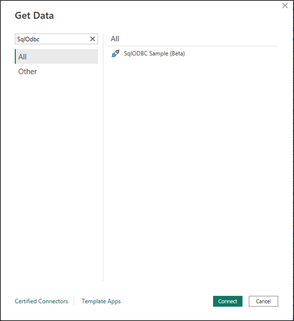 Captura de ecrã do conector encontrado na experiência de obter dados do Power BI Desktop.