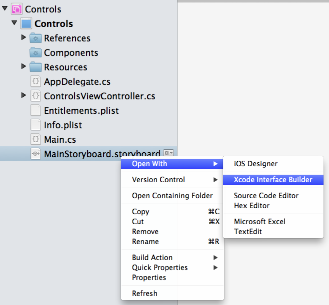 Menu de contexto do storyboard - Xcode