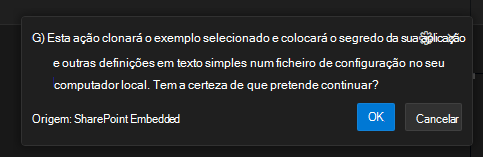 Alerta de notificação do VS Code do SPE que irá copiar segredos da aplicação em texto simples no computador local