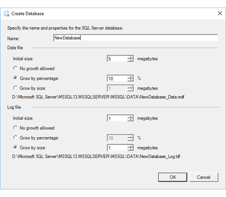Página Criar banco de dados do Assistente de Importação e Exportação Página Criar banco de dados do Assistente de Importação e Exportação