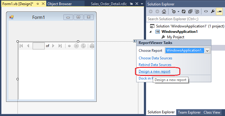 Captura de ecrã da tag inteligente ReportViewer Tasks, a destacar o relatório local.
