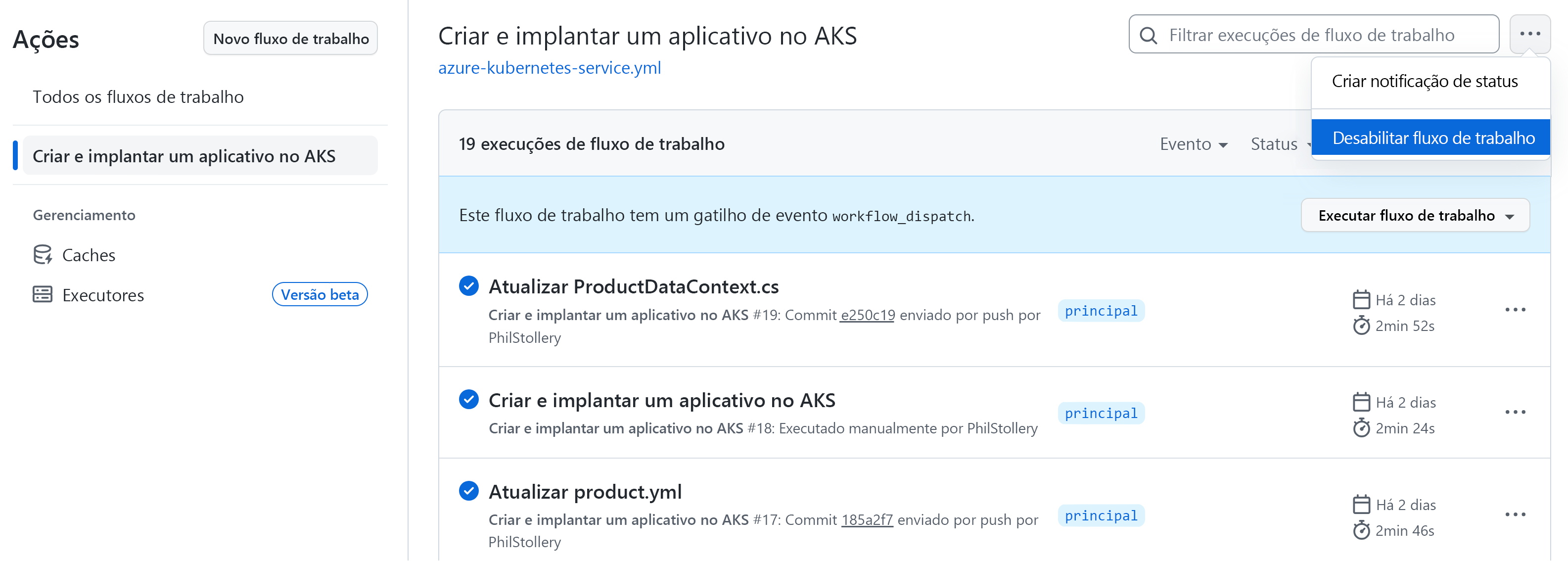 Uma captura de tela mostrando a opção de menu Fluxo de Trabalho Desativado para um fluxo de trabalho de GitHub Actions.