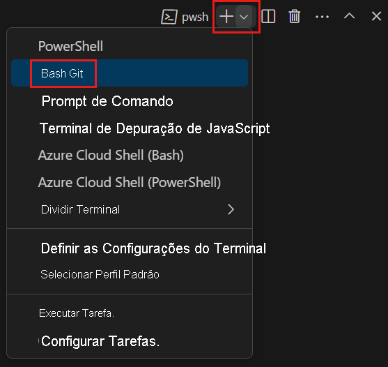 Uma captura de ecrã do Visual Studio Code mostrando a localização do shell do Git Bash.