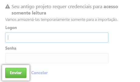 Captura de tela do local para inserir seu antigo importador de credenciais do repositório.