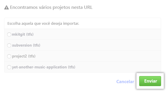 Captura de ecrã de uma seleção de projetos encontrados no mesmo URL. importador de projetos.
