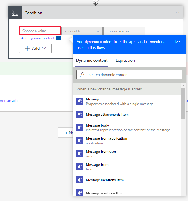 Captura de tela da ação Condição com o campo Escolher um valor realçado e as opções de conteúdo dinâmico exibidas.