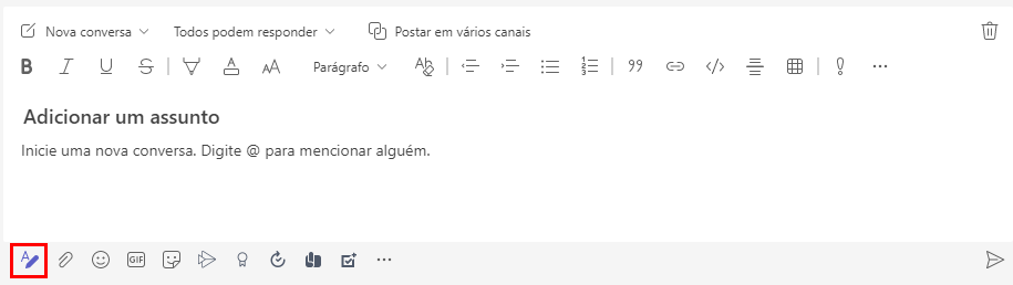 Captura de tela da mensagem com Adicionar campo de entrada de assunto e o botão de formato realçados.