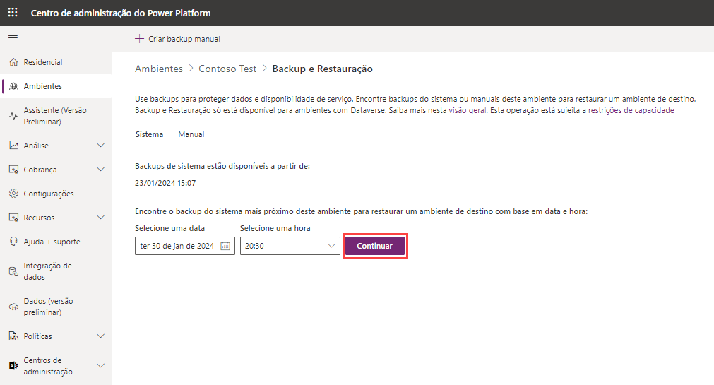 Captura de tela da seleção de um ambiente para restaurar.