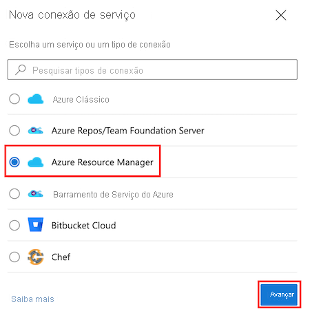 Captura de ecrã do Azure DevOps. O tipo de conexão de serviço do Azure Resource Manager está selecionado.