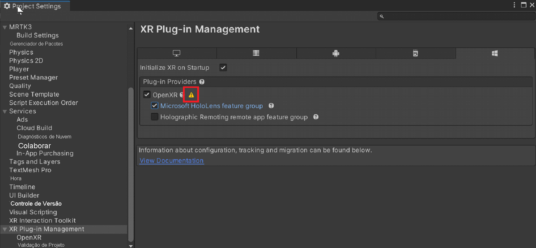 Screenshot da opção Open XR.