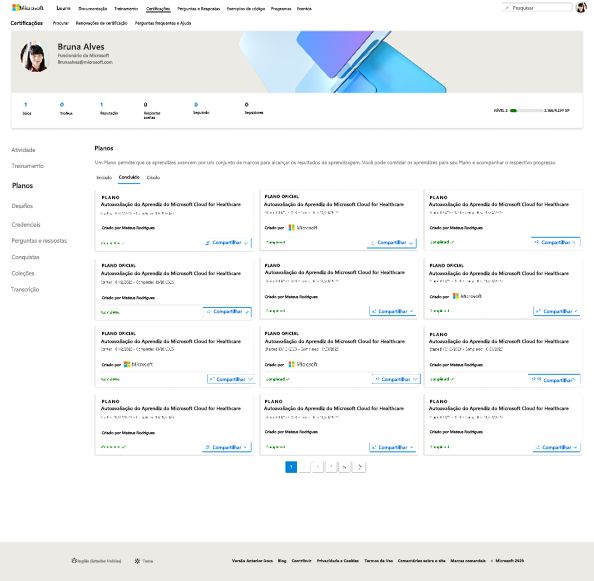 Captura de ecrã da secção Planos no perfil de utilizador Saiba mais mostrando Planos concluídos para um utilizador através do separador 'Concluído' no ecrã Planos.