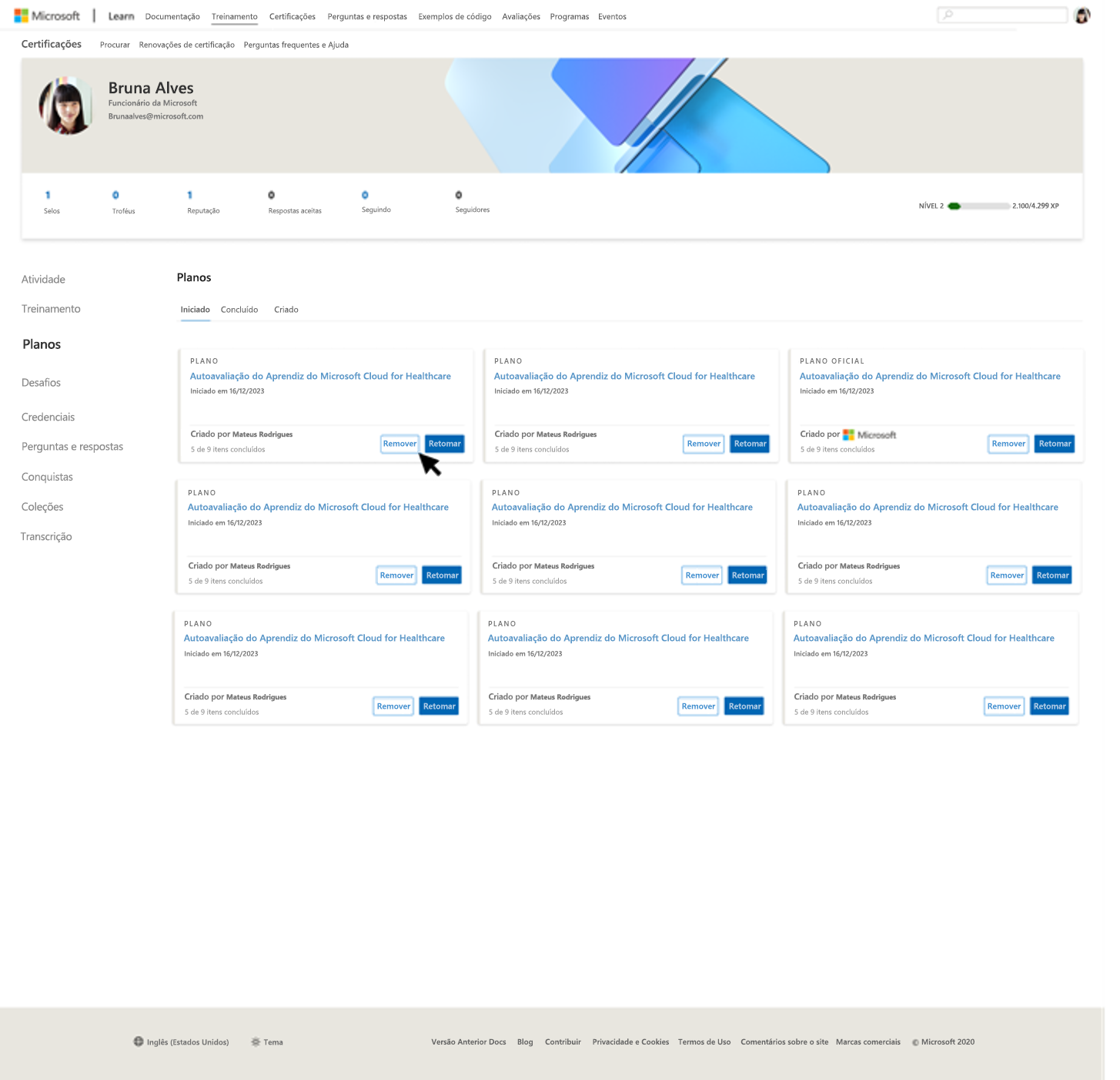 Captura de ecrã da secção de planos no perfil de utilizador Saiba mais mostrando como Largar um plano clicando no botão Largar no plano