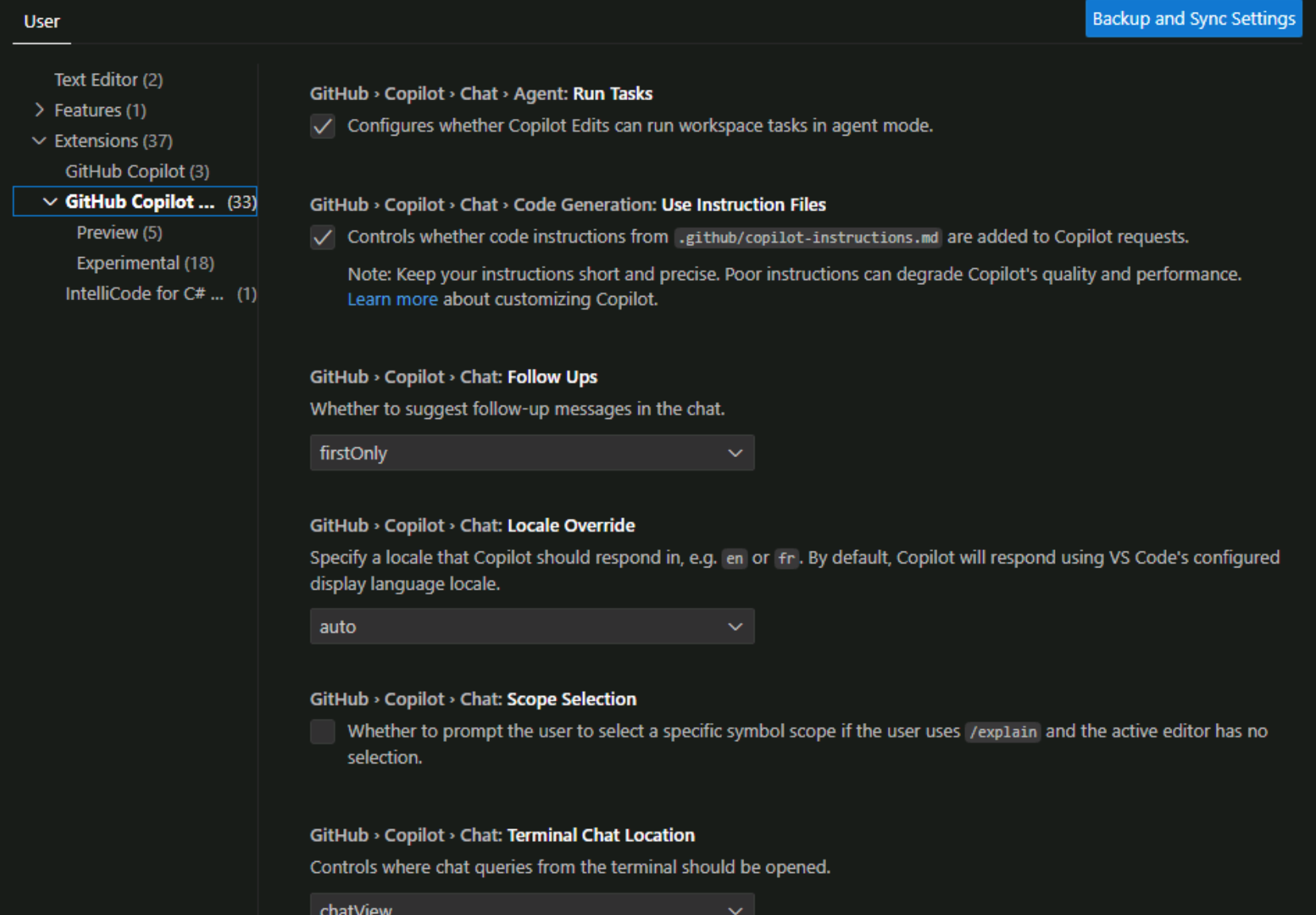 Captura de tela mostrando as configurações da extensão GitHub Copilot Chat.