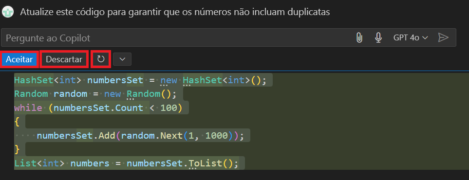 Captura de tela mostrando a atualização sugerida do bate-papo embutido no Visual Studio Code.