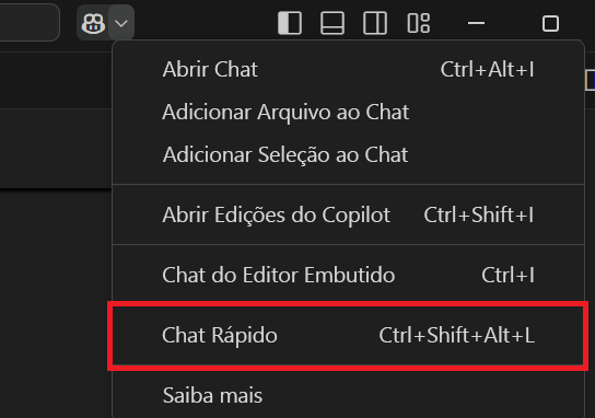 Captura de tela mostrando como acessar o Chat Rápido no Visual Studio Code.