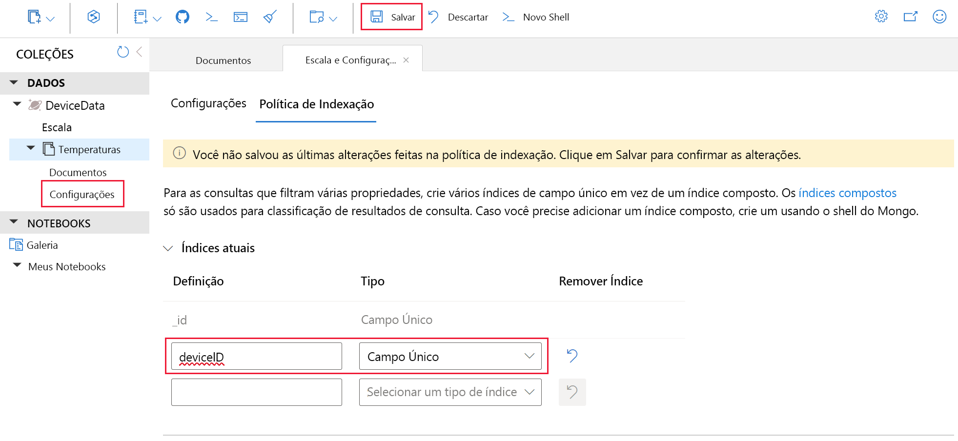 Captura de tela mostrando a adição de uma política de indexação do Cosmos DB.