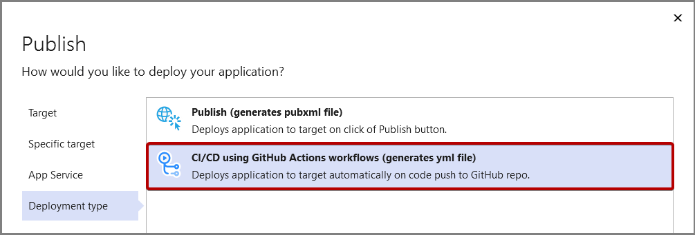 Captura de tela mostrando a opção de publicação CI/CD.