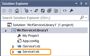 Captura de ecrã que mostra o ficheiro Service1 no Solution Explorer.