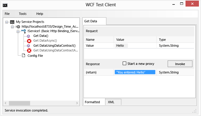 Captura de tela que mostra o resultado exibido na caixa Resposta na guia GetData.