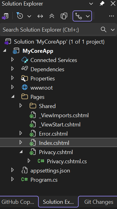 Captura de tela mostra Index.cshtml selecionado sob o nó Páginas no Gerenciador de Soluções.