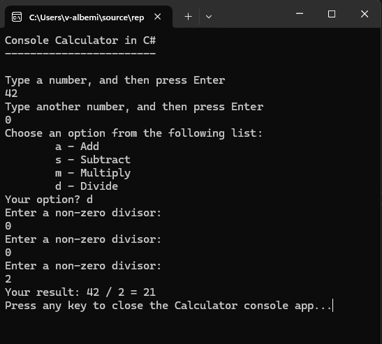 Captura de ecrã que mostra uma janela da Consola com um pedido repetido para fornecer um número diferente de zero.