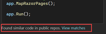 Captura de ecrã que mostra a referência de código GitHub Copilot Completions no Visual Studio.