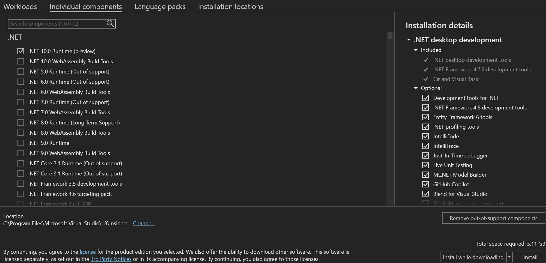 Captura de tela da guia Componentes individuais do Visual Studio Installer.