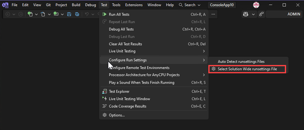 Captura de ecrã do menu para selecionar o ficheiro de runsettings aplicado a toda a solução de teste no Visual Studio.