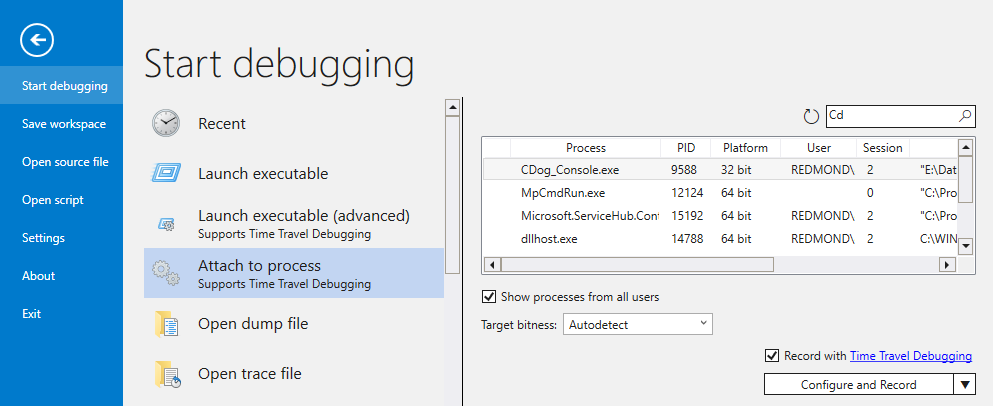 Captura de tela do WinDbg exibindo a caixa de seleção iniciar gravação na tela Anexar ao processo.