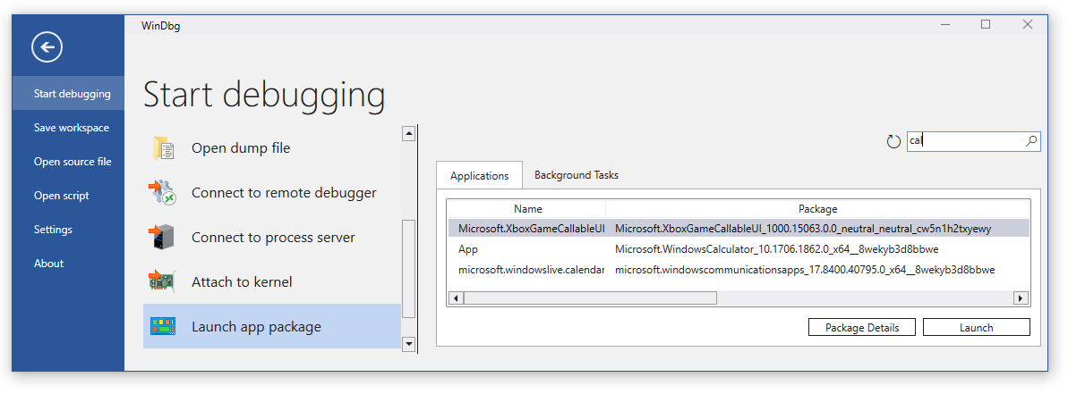 Captura de ecrã do separador Aplicações no pacote de aplicações Iniciar com os resultados da pesquisa para cal e três aplicações apresentadas.