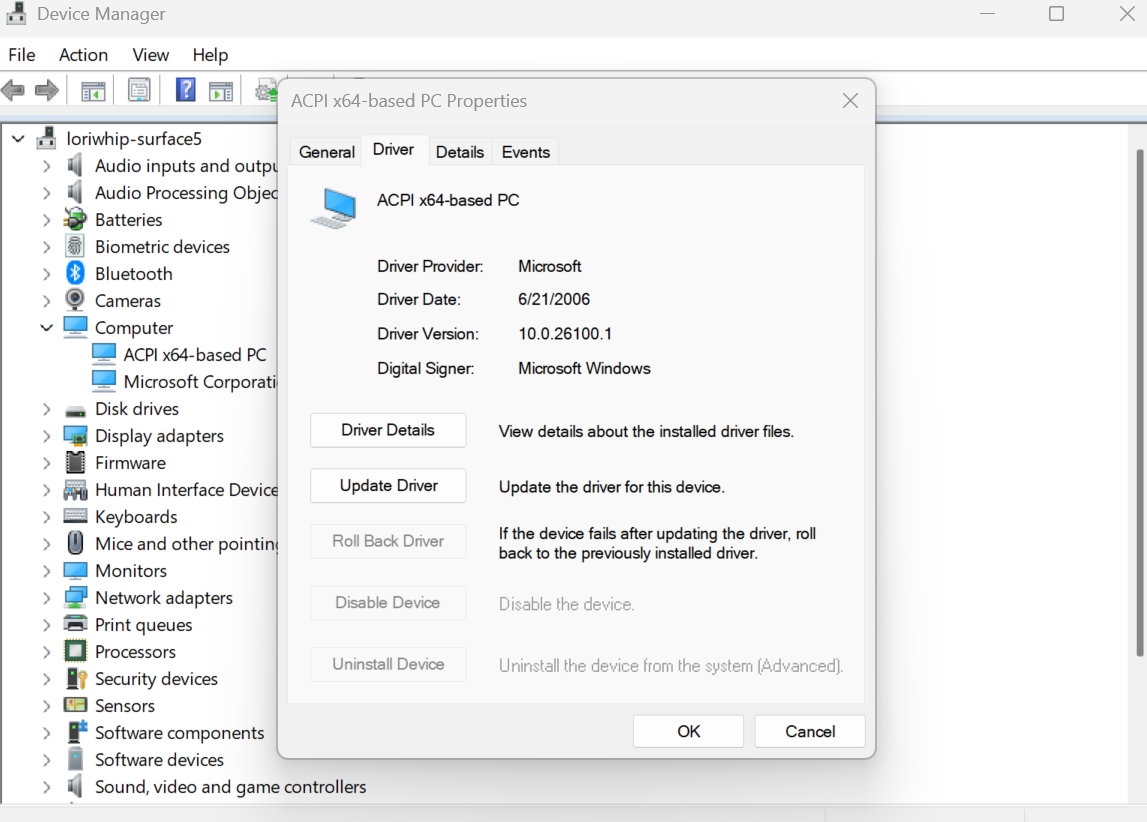 Captura de tela que mostra as propriedades do driver de PC baseado em ACPI x64.